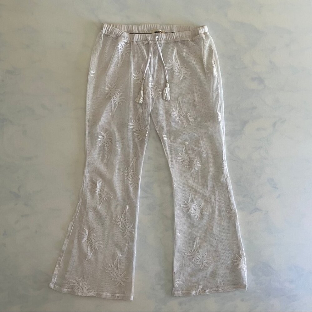 Miken Swim White Mesh Palm Tree Drawstring Coverup Pants